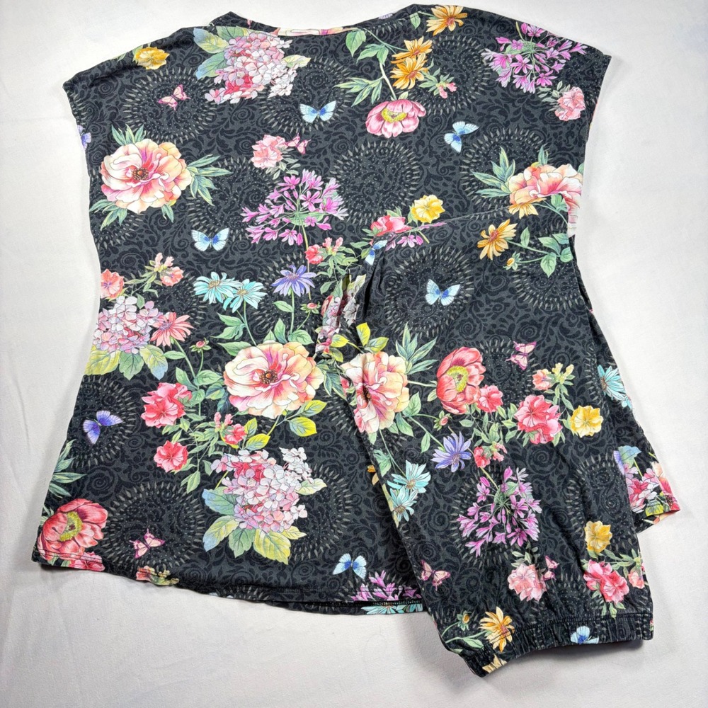 Johnny Was Womens Pajama Set Medium Black Floral Butterfly Loungewear 2pc